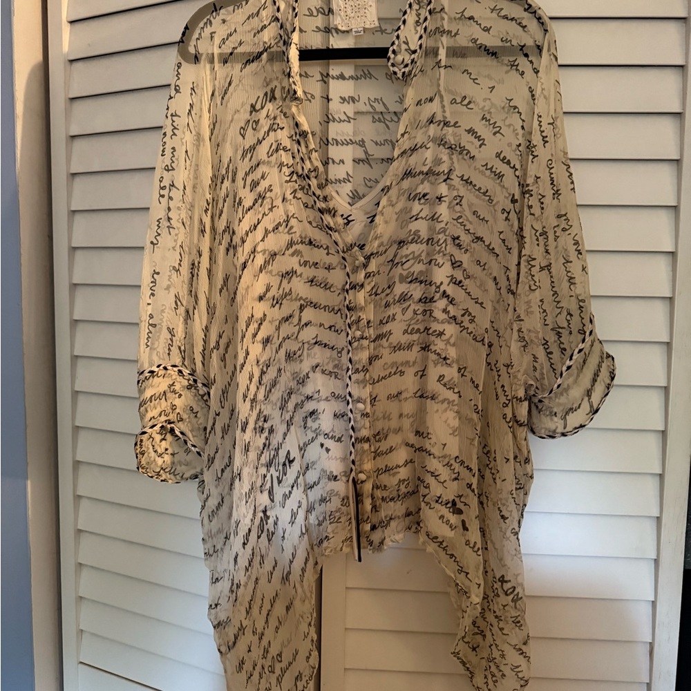 Johnny Was Cream Script Print Sheer Blouse